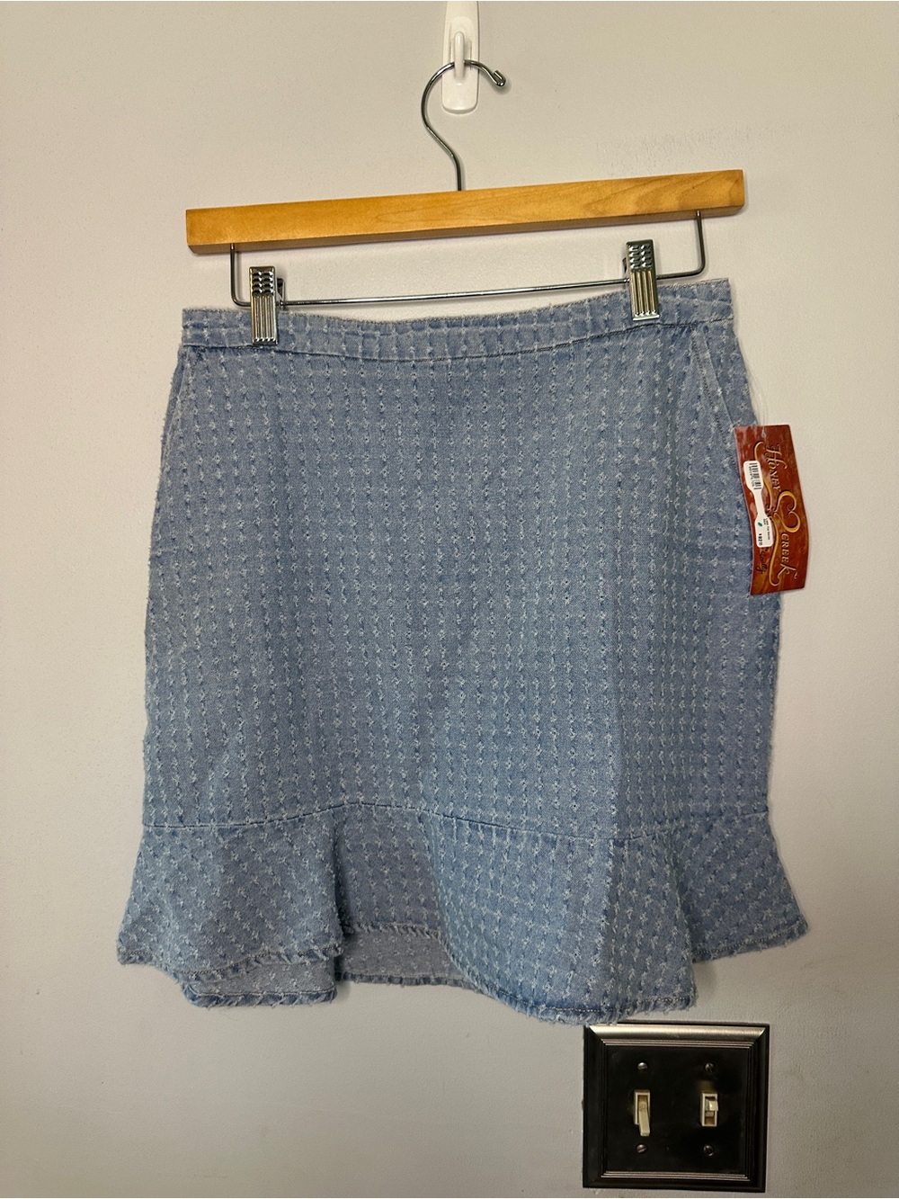 Scully Light Blue Laser Cut Ruffle-Hem Mini Skirt